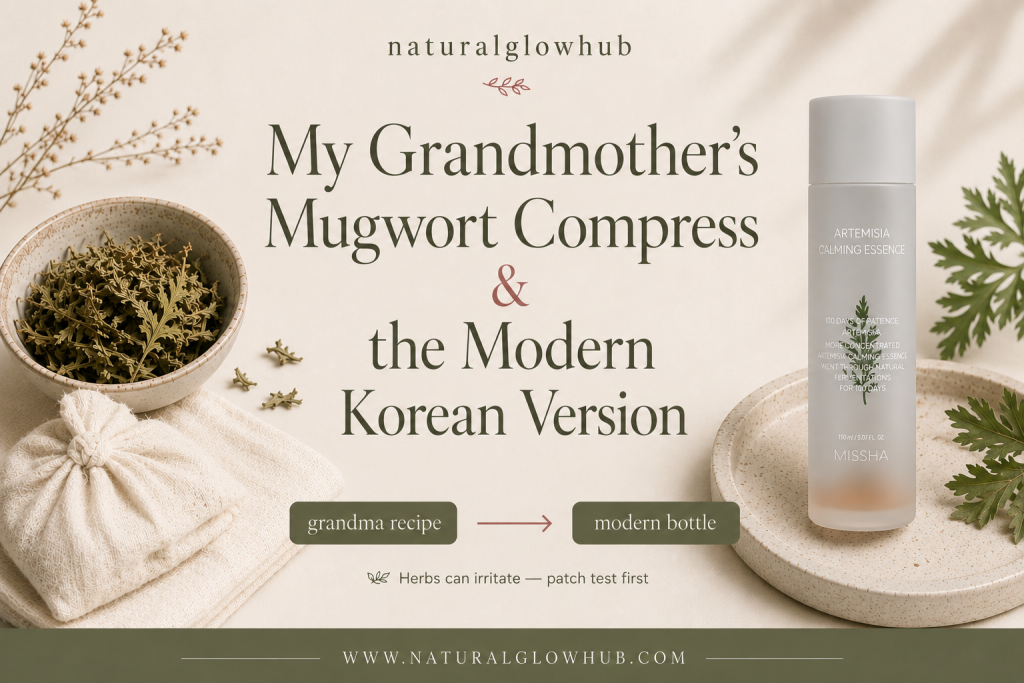 Dried mugwort in a ceramic bowl with a muslin herb pouch on a folded cloth, next to fresh artemisia sprigs and a MISSHA Artemisia Calming Essence bottle on a dish — illustrating a homemade mugwort compress alongside its modern Korean essence counterpart.