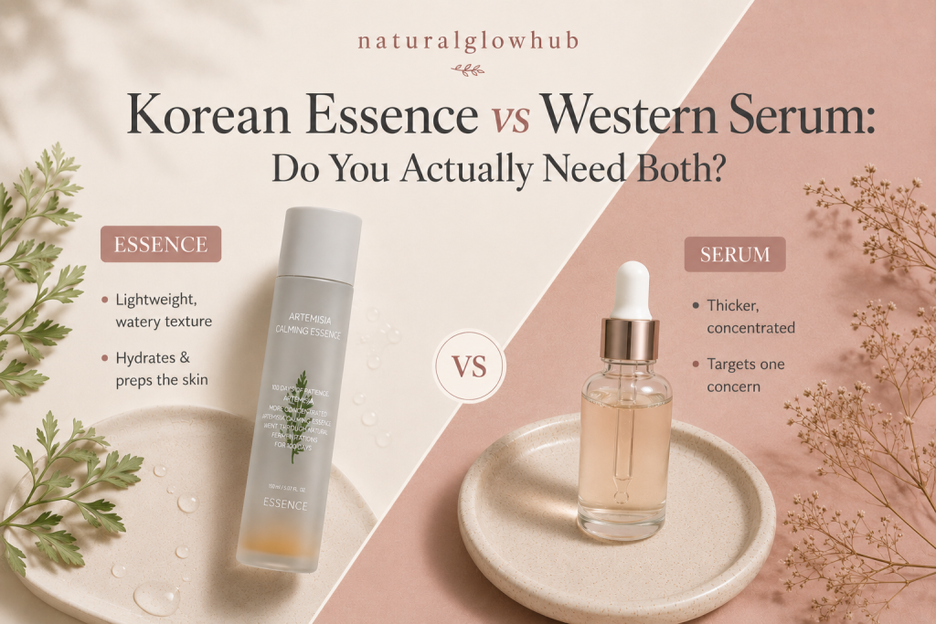 A diagonal split image comparing a Korean essence and a Western serum: on the cream side, a frosted MISSHA Artemisia Calming Essence bottle labeled "lightweight, watery texture" and "hydrates & preps the skin"; on the dusty-rose side, a clear unbranded dropper serum labeled "thicker, concentrated" and "targets one concern," with a "vs" circle between them.
