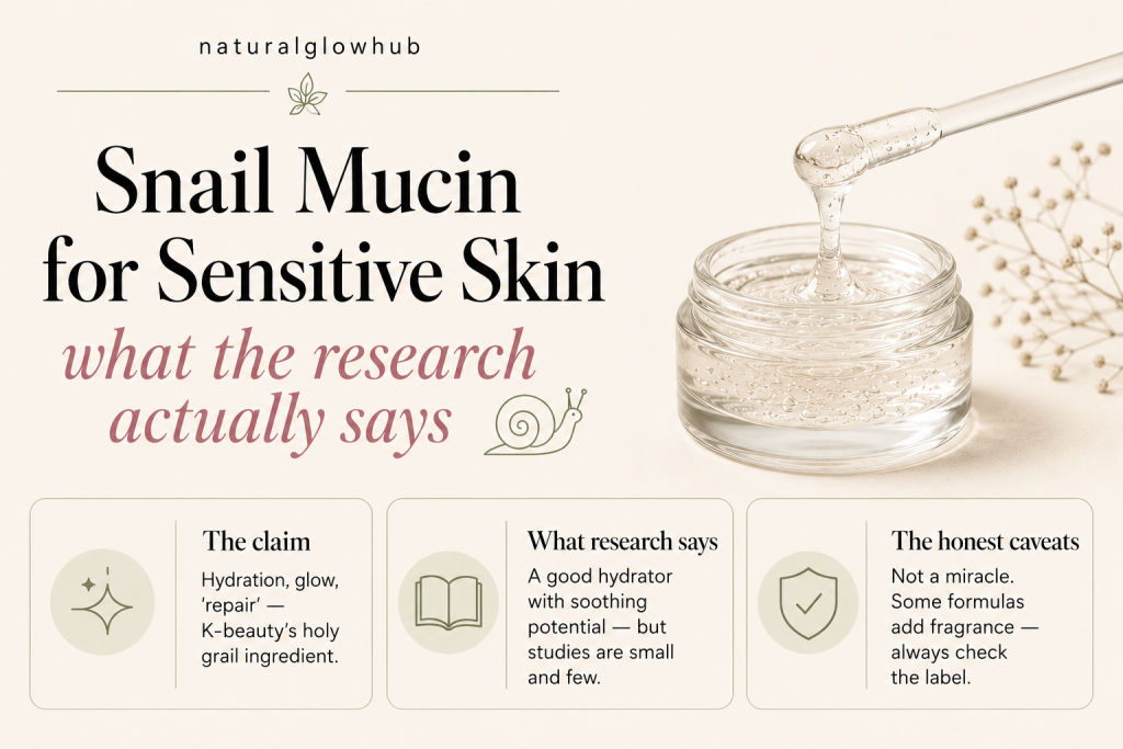 Blog infographic titled "Snail Mucin for Sensitive Skin: What the Research Actually Says" by Natural Glow Hub. A glass jar of clear gel with a dripping glass spatula, and three cards: the claim — hydration, glow, repair; what research says — a good hydrator with soothing potential but small studies; the honest caveats — not a miracle, some formulas add fragrance.